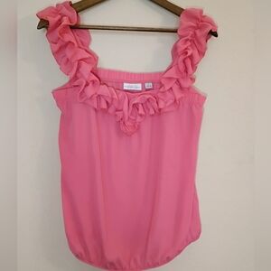 Sweat Pea NY & Co Stacy Frati Blouse Womens Size Small Pink Ruffle Neck‎ Preppy